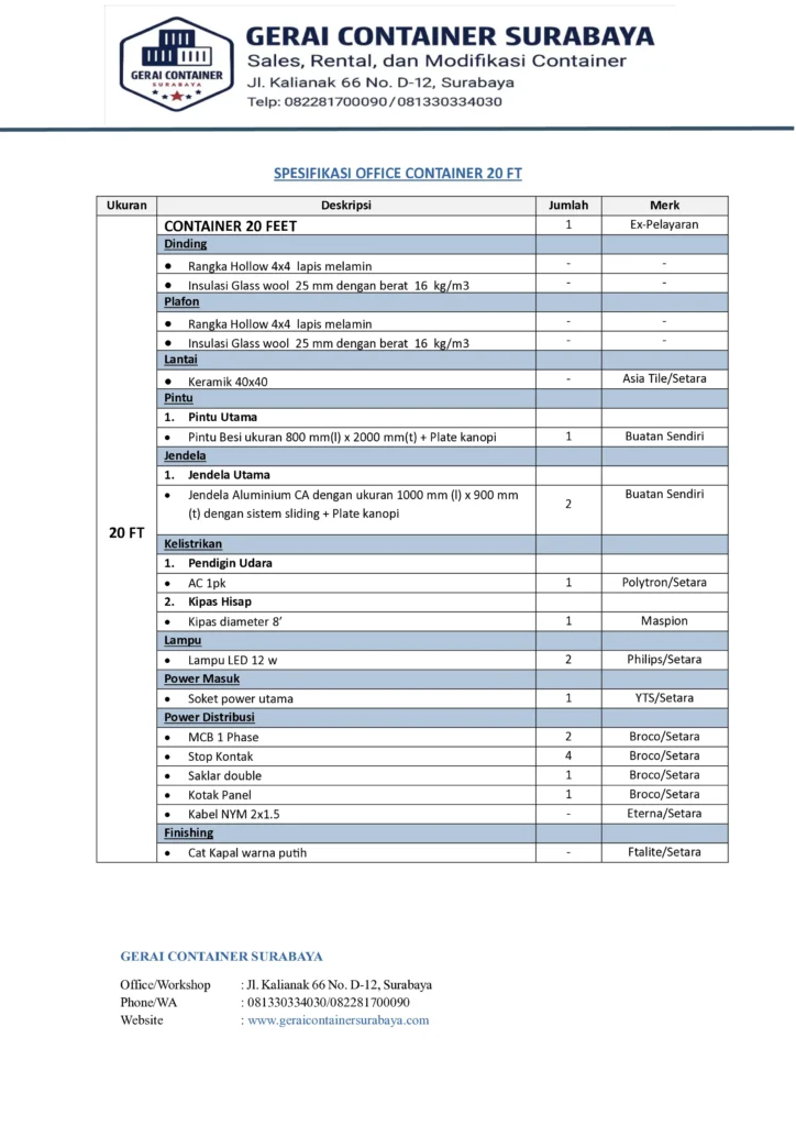 Spesifikasi Container Office 20 Feet